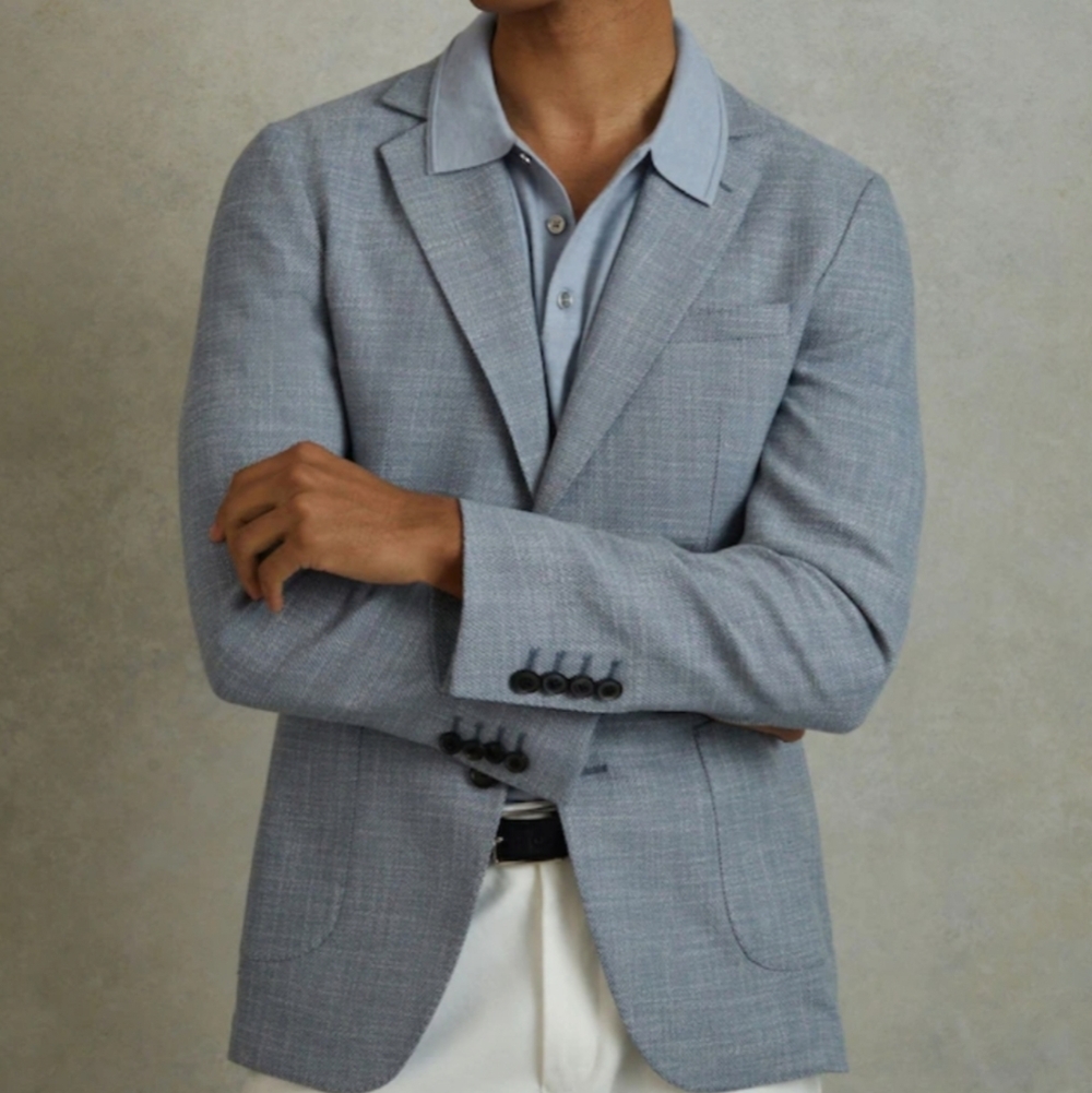 Reiss Soft Blue Aphrodite Single Breasted Blazer With Cotton, Size 40, Soft Blue